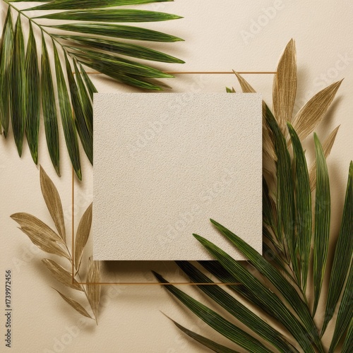 Square beige card in a gold frame, surrounded by green and tan tropical leaves on a beige surface