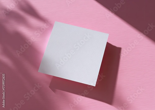 A blank, square card sits on a pink surface with shadows from foliage