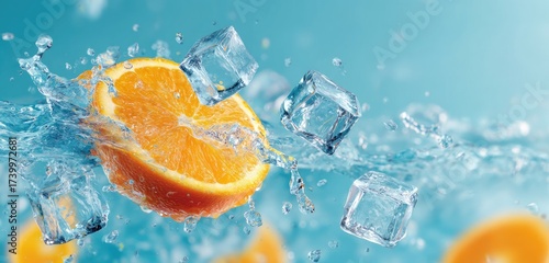 An orange slice submerged in water with ice cubes creating a dynamic splash effect
