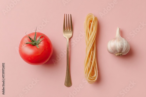 Overhead shot of a ripe tomato, golden fork, pasta nest, and garlic bulb on a pink surface