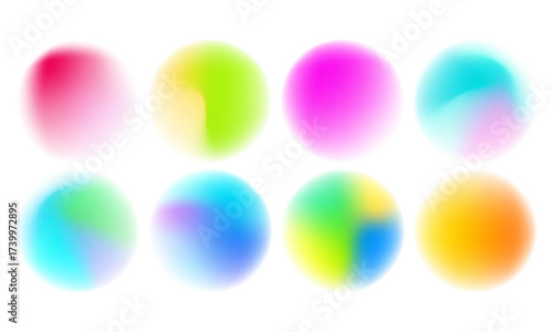 Set color circle gradient noise gradation. Abstract colorful watercolor blur mesh shape on white background. Gradient aura, grain neon blob with noise effect vector illustration.