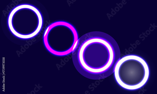 Solar eclipse circles showing moon covering sun on dark background. Glowing purple neon rings with bright luminous effects capture celestial phenomenon. Radiant circular shapes