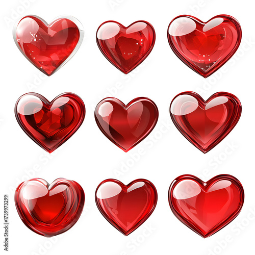 Elegant Set of Red Glass Heart on Transparent Background