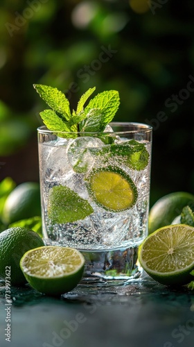 Wallpaper Mural Refreshing drink with lime, mint, and ice in a glass on green surface Torontodigital.ca