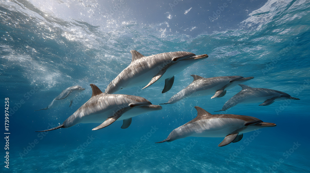 Fototapeta premium Dolphins swimming gracefully underwater in a clear, sunlit ocean.