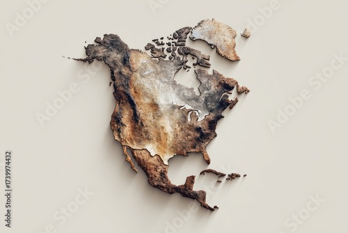 Textured, rusty-toned map of North America rendered on a beige background