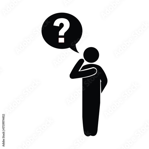 Stick figure thinking with a question mark speech bubble