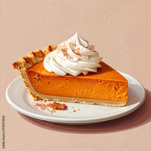 A Delicious Slice of Pumpkin Pie Topped with Whipped Cream and Cinnamon.