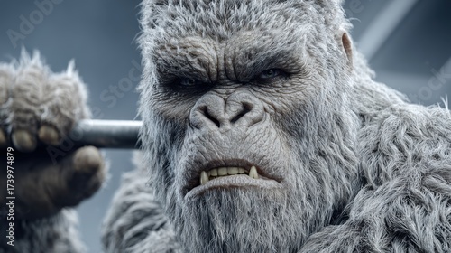 Portrait of a strong monkey or snowman athlete. Fitness gym theme.