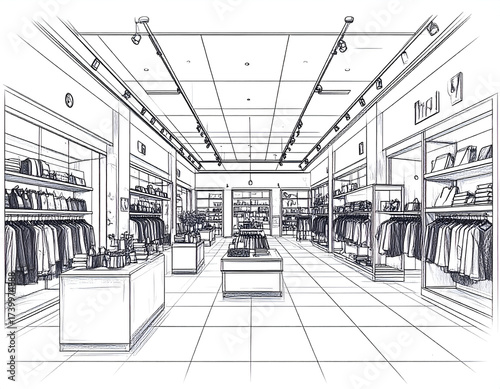 Sketch of a modern clothing store interior design.