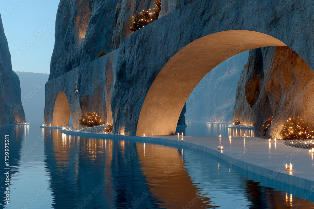 Naklejka premium A bridge is over a body of water with a lighted path