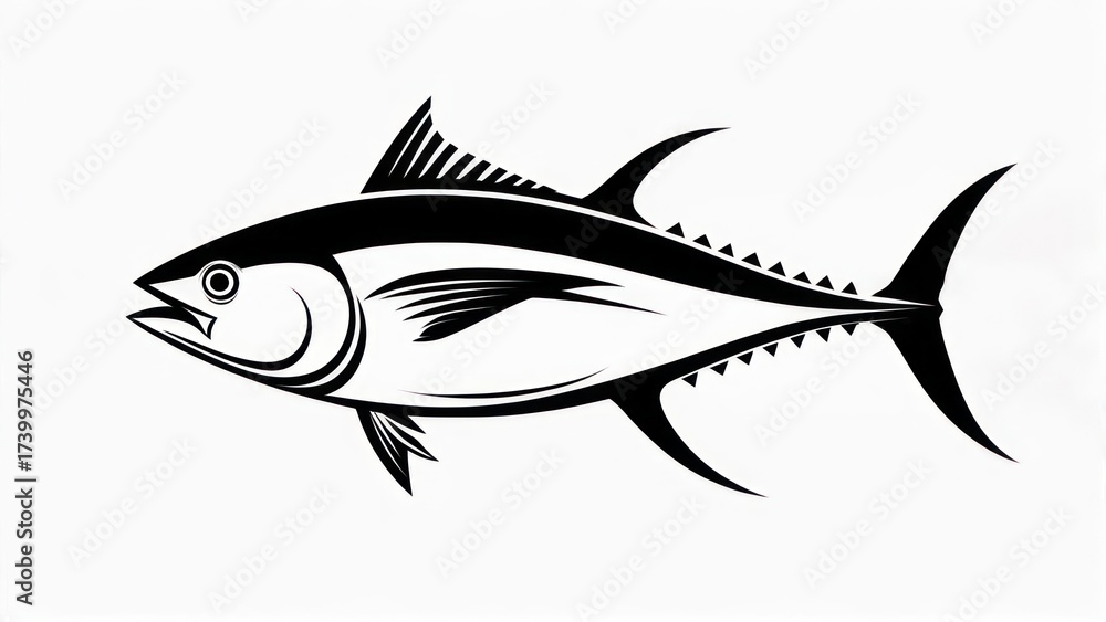 Fototapeta premium Stylized black and white tuna fish vector illustration isolated on a white background.