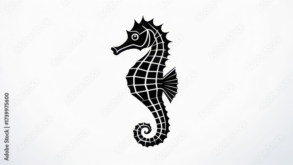 Fototapeta premium Stylized Black Seahorse Silhouette on White Background.
