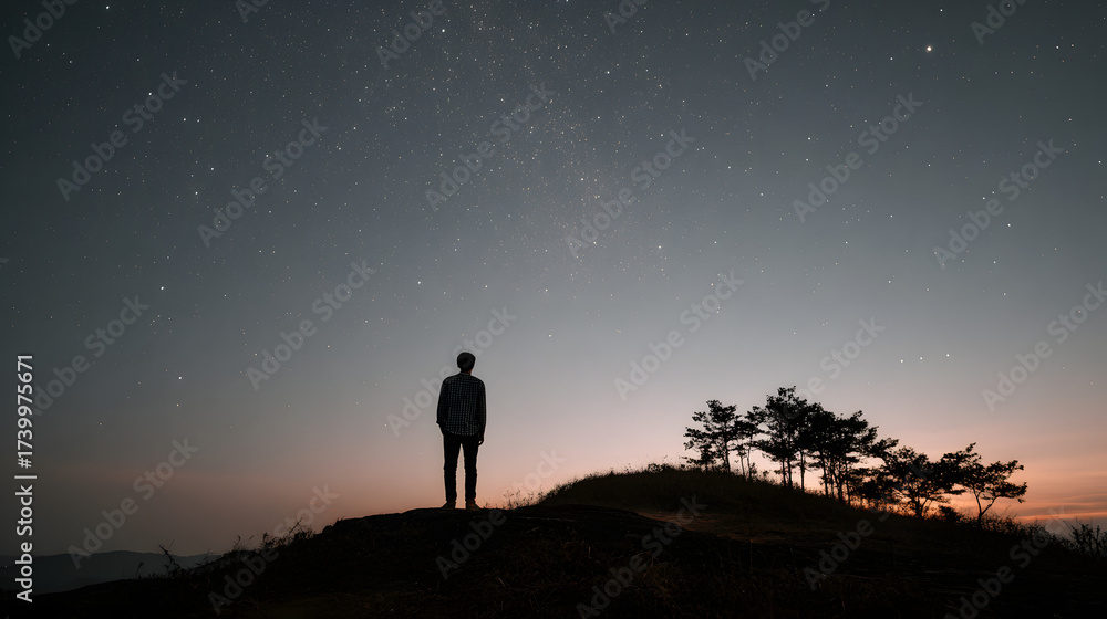 Fototapeta premium Man gazing at the starry night sky on a hilltop