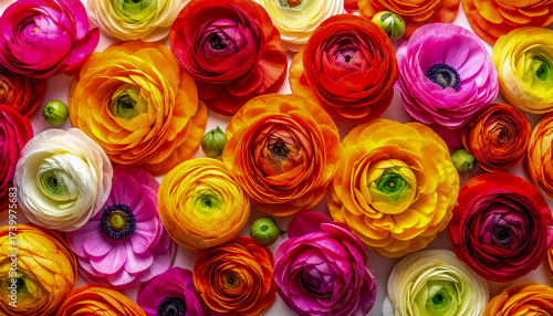 A flat lay close-up of colorful ranunculus flowers with green buds. Easter, spring, event, holiday, wedding, or decor banner.