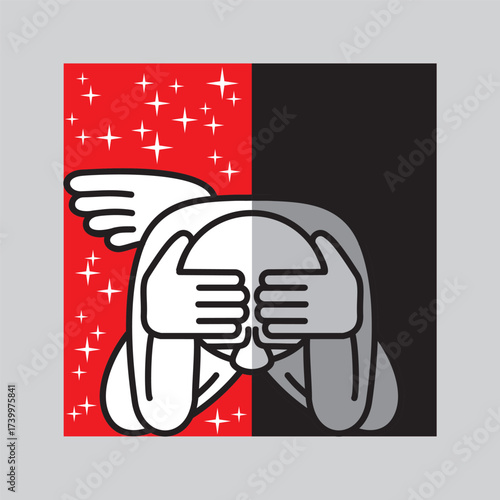 Mental health, feelings and emotions. Psychological concept of burnout; stress, depression. Connection between man and Universe. Vector illustration, graphic image, drawing.
