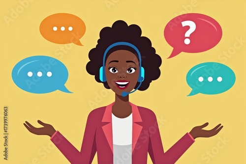 An African woman call center agent confidently tackles a variety of customer inquiries and problems represented by floating colorful speech bubbles