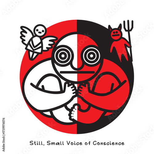One person listens to Still, Small Voice of Conscience. Traditional  images of an angel and a demon symbolize big internal struggle between good and evil. Vector illustration.