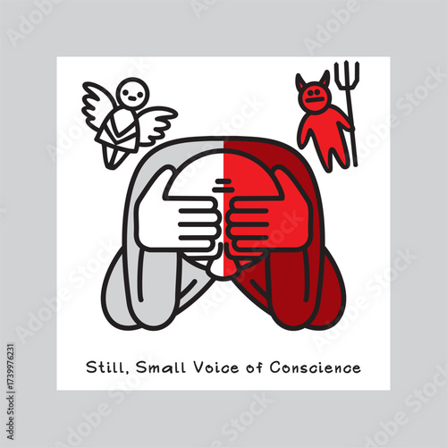 One person listens to Still, Small Voice of Conscience. Traditional  images of an angel and a demon symbolize big internal struggle between good and evil. Vector illustration.