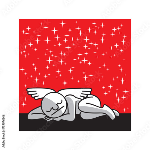 One sleeping angel and stars. A symbolic image of a sleeping conscience, concept of inactive internal moral compass. Vector illustration.