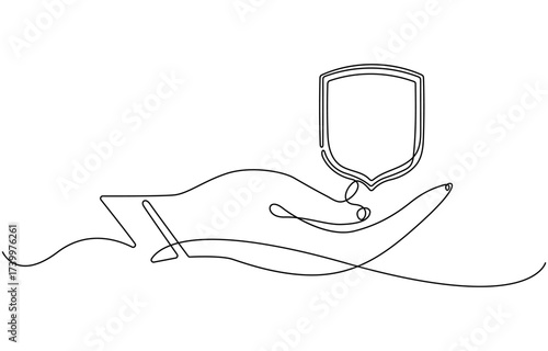 Hands holding shield badge continuous one line drawing.