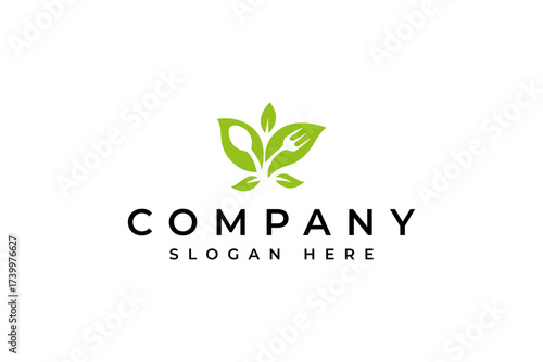 organic food logo healthy vegetables with leaf icon and cutlery spoon fork with flat vector design style green color