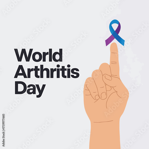 Vector art of world arthritis day message with a hand pointing upwards, adorned with a purple and blue awareness ribbon, signifying hope and advocacy
