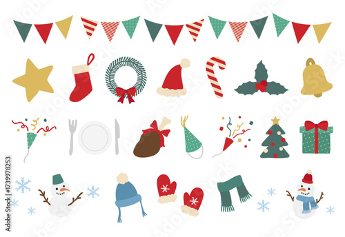冬時期・クリスマスのラインイラストセット｜サンタ帽子・ツリー・リース・雪だるまなどのアイコン素材（ベクター）