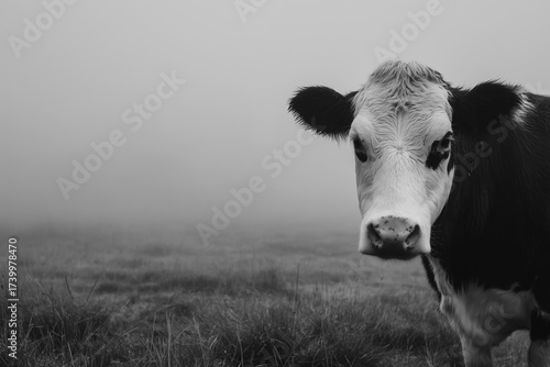 Black and White Cow in a Misty Pasture or Foggy Field