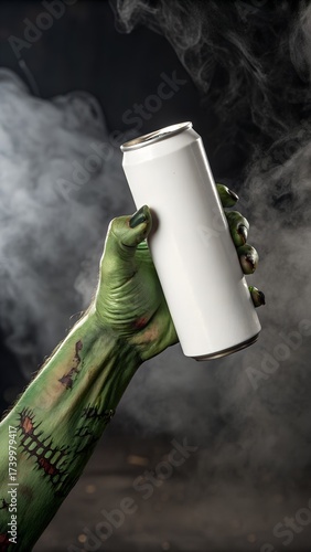 Spooky green zombie hand holding a blank white tin drink can POD Halloween design for beer soda