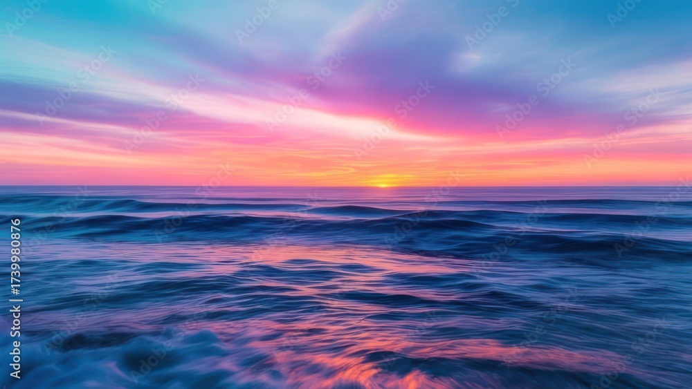 Obraz premium A breathtaking sunset over the ocean, featuring a sky ablaze with vibrant pink, purple, and orange hues reflecting on the gentle waves.