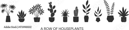 Minimalist black and white plant silhouette illustration, potted cactus and houseplants vector, decorative indoor greenery design, modern botanical foliage artwork