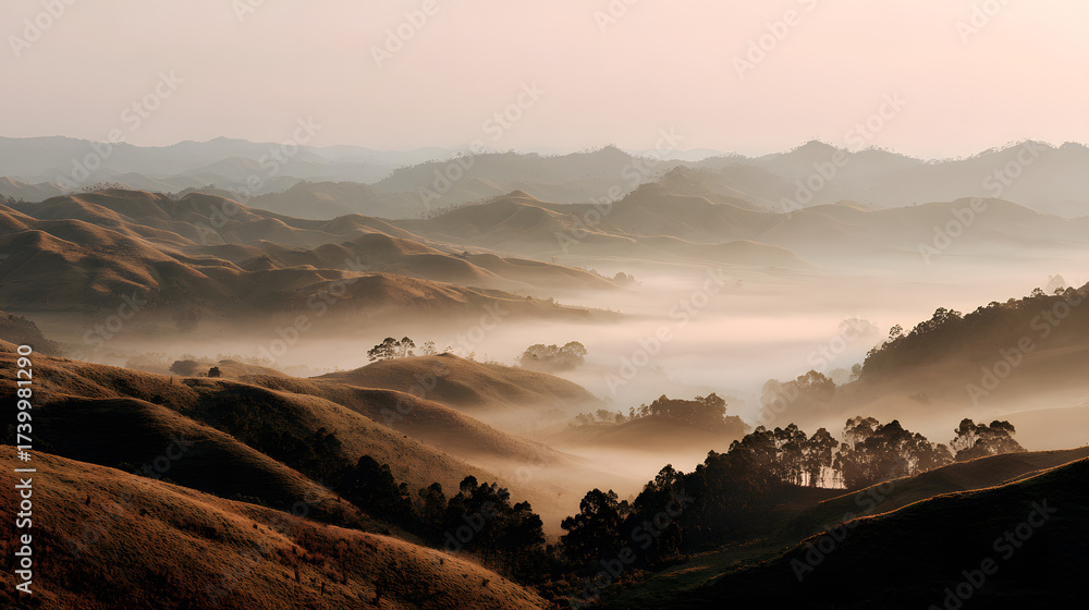 Obraz premium Rolling hills and valleys blanketed in morning mist under a soft, warm light.