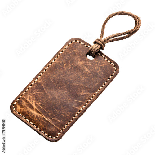Elegant Vintage Brown Leather Tag with Cord Isolated on White Background