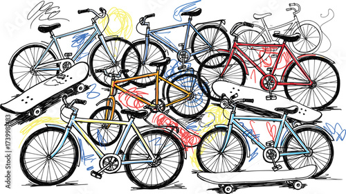 Colorful illustration of bicycles and skateboards with abstract scribbles and dynamic layout for urban design and recreational content