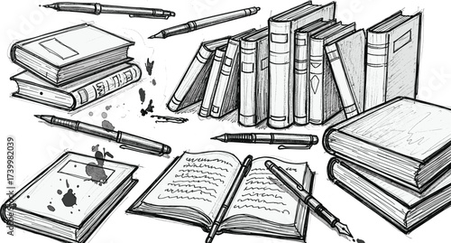 Black and white illustration of books, pens, and ink splatters in sketch style for reading, writing, and educational design