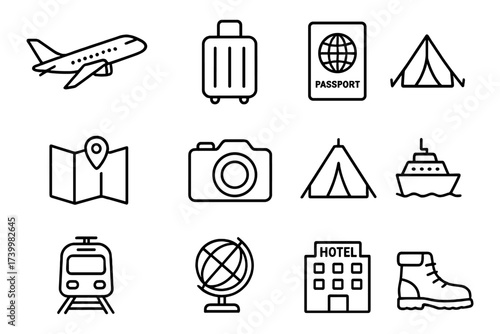 Essential travel icons set featuring transportation, accommodation, and adventure themes in a simple linear style