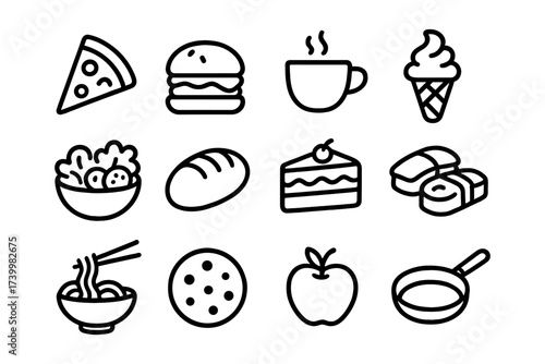 Line art icons of popular foods and beverages in minimalistic style