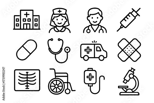 Minimalist medical icons set: healthcare and hospital equipment in line art style