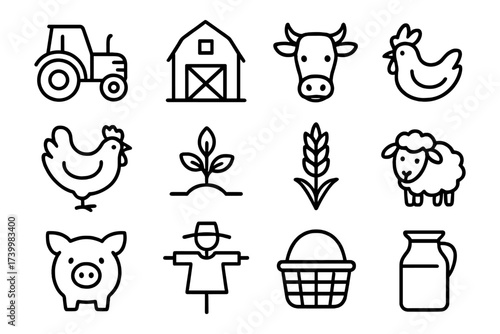 Farmyard icons: minimalist black outline of animals and agriculture symbols