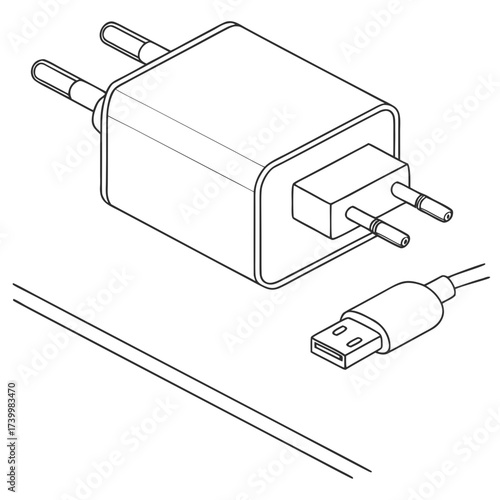 Vector art of isometric illustration of a white usb charger with a cable, this clean and modern design is perfect for illustrating technology, charging, and connectivity concepts