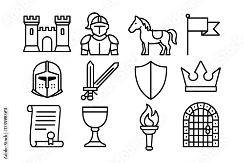 Medieval black line icons set: knight, castle, armor, horse, sword, shield, crown
