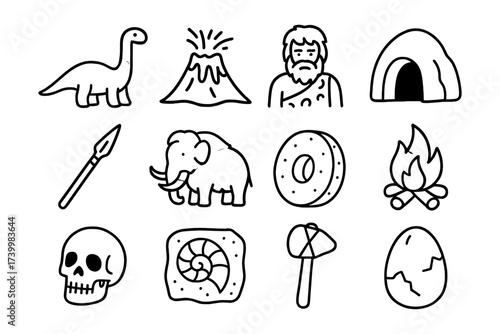 Simple prehistoric icons: caveman, dinosaurs, mammoth, volcano, fire, and tools