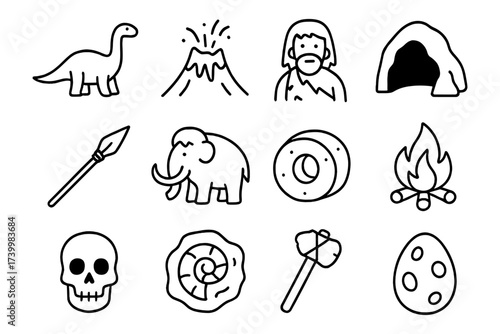 Prehistoric icons collection with dinosaurs, cavemen, and stone age artifacts in simple outline style