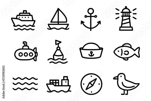 Nautical icons set featuring boats, anchor, lighthouse, and marine elements in simple black linear style