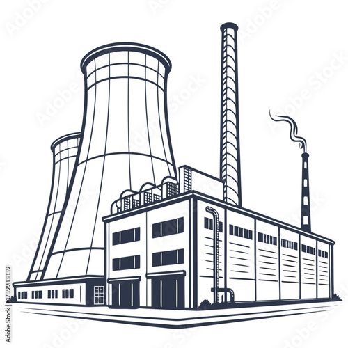 Vector art of a detailed illustration of a nuclear power plant, showcasing its cooling towers, reactor building, and smokestacks, representing energy production and industrial infrastructure