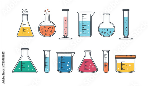 Colorful Science Laboratory Glassware Vector Icon Set with Beaker Flask and Test Tube for Chemistry Research
