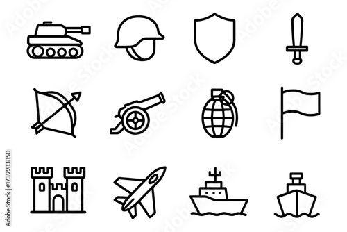 Military icon set: outline design of weapons, vehicles, and symbols