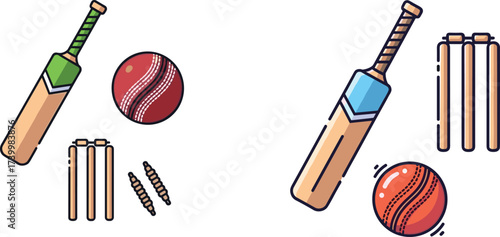 Cricket bat, red cricket ball, wooden stumps, bails illustration, professional cricket sports equipment vector design for match, training, competition, tournament