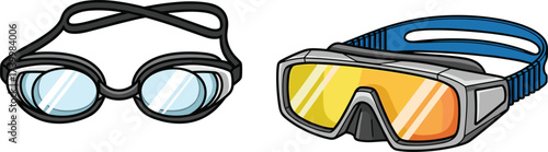 Swimming goggles and diving mask vector illustration, professional water sports gear equipment, protective eyewear for swimming, snorkeling, scuba diving and underwater activities